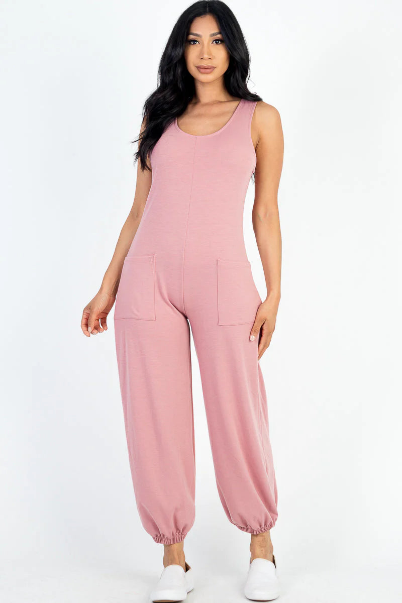 Casual Solid French Terry Sleeveless Scoop Neck Front Pocket Jumpsuit (CAPELLA)