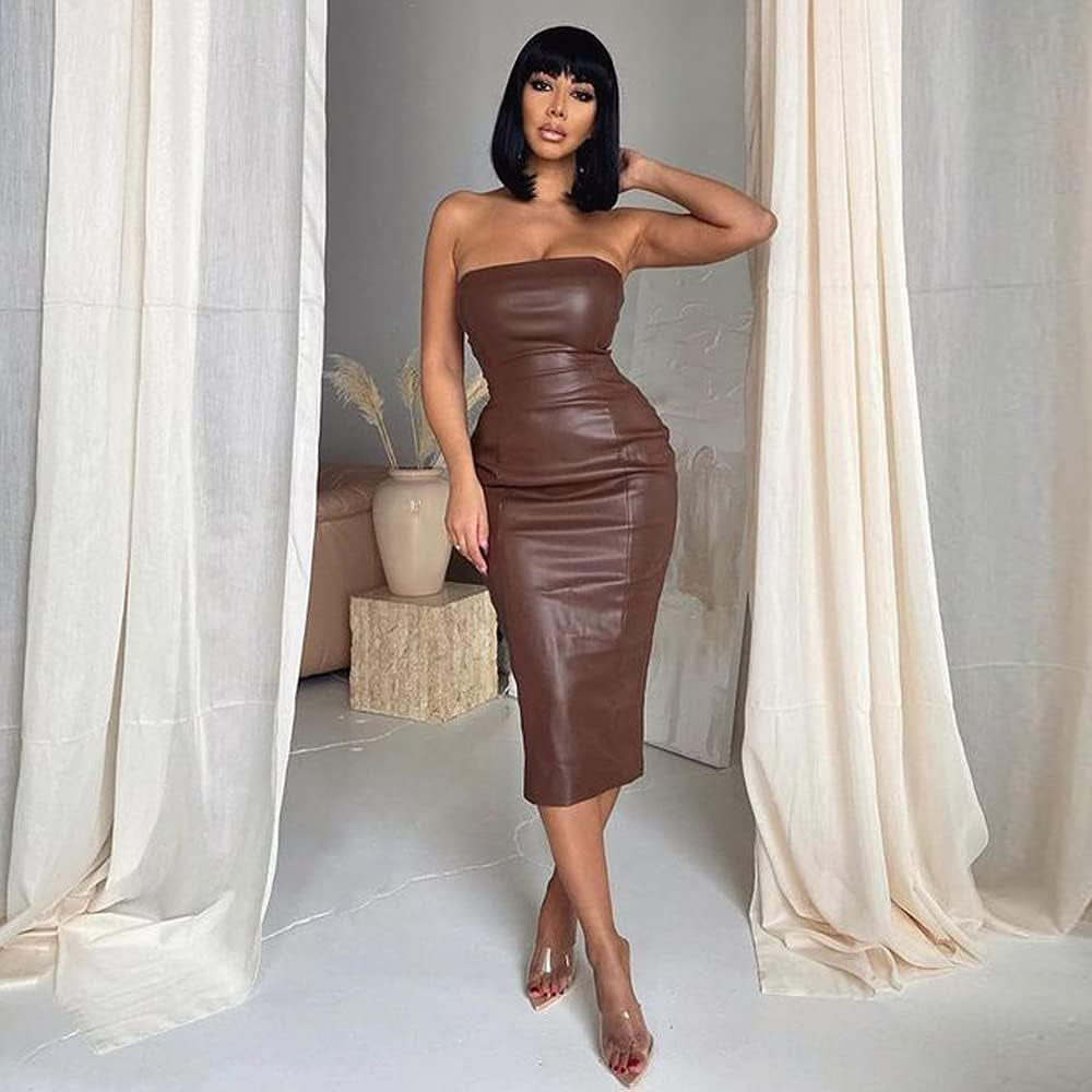 Women Sexy Strapless Tube Top Club Midi Dress off Shoulder Bodycon Party Faux Leather Dress