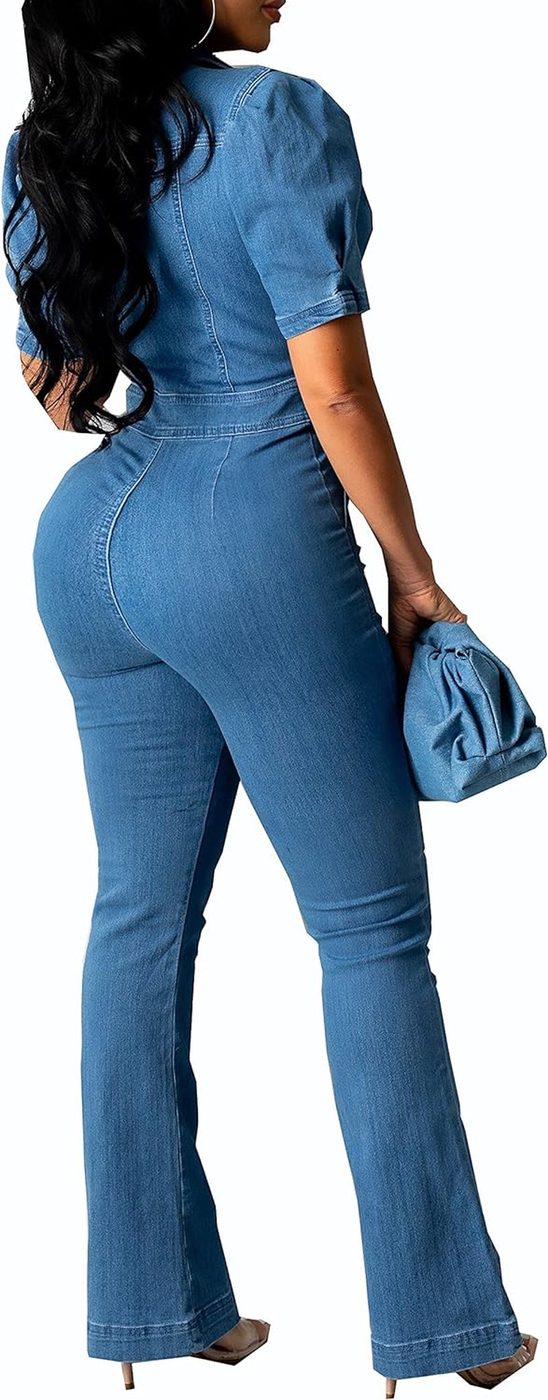 Sexy Jean Jumpsuit for Women Casual Short Sleeve Bell Bottom Denim Pants Jumpsuits with Zipper Pockets
