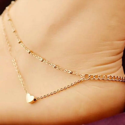 Women Heart Ankle Chain Leg Chain Double Layer Ankle Bracelet Layering Chain Fashion Jewelry Foot Bracelet Accessories