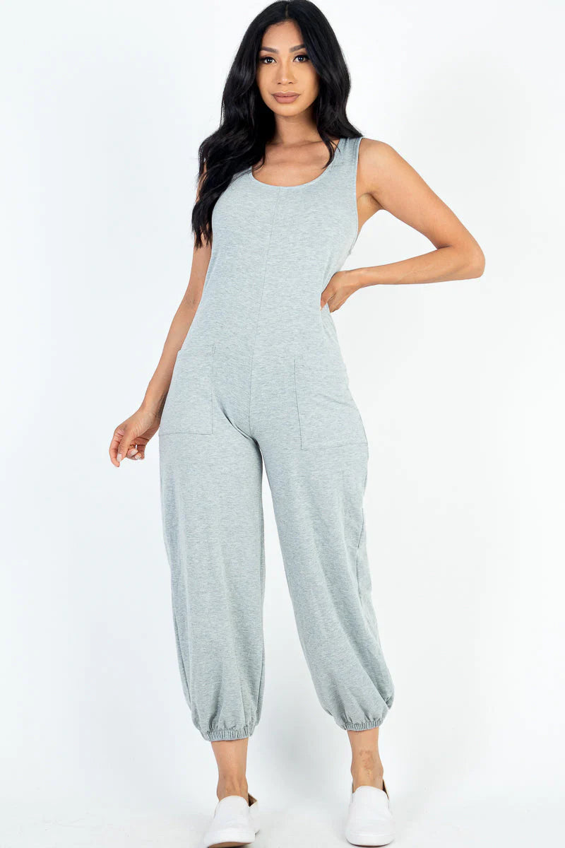 Casual Solid French Terry Sleeveless Scoop Neck Front Pocket Jumpsuit (CAPELLA)
