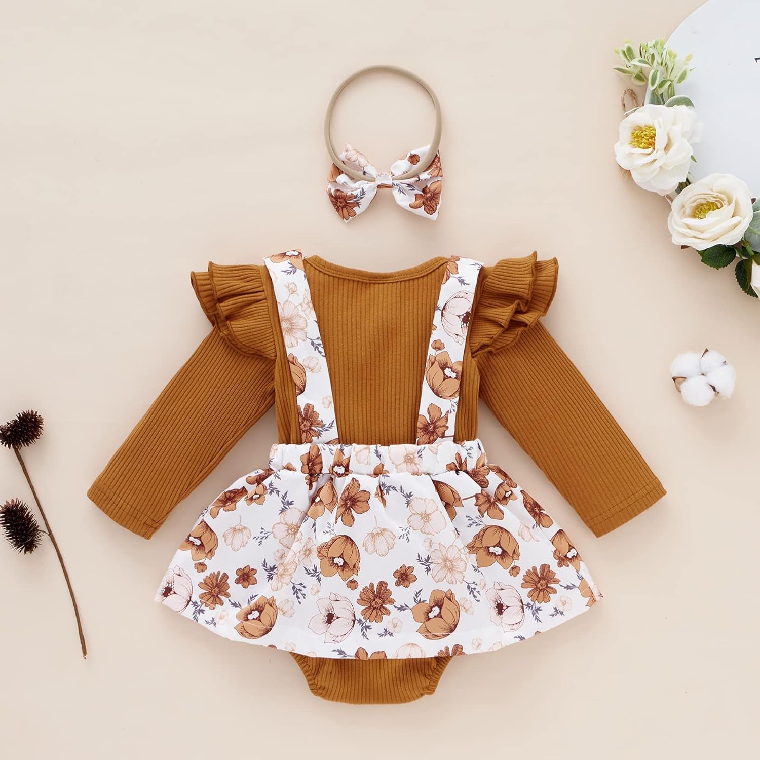Infant Baby Girl Bodysuits Romper Lace Sweater Onesie Shorts Ruffle Long Sleeve Newborn Fall Winter Clothes (Khaki, 18-24 Months)
