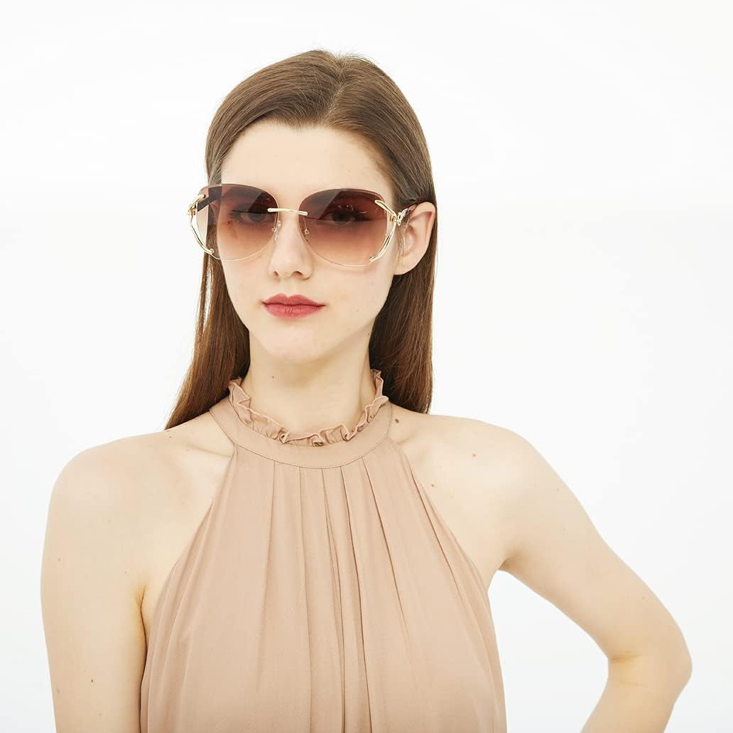 Women Shades Rimless Sunglasses Bling Frame round Lens Sunglass Metal Frame Sunglasses for Women Men VC1012…