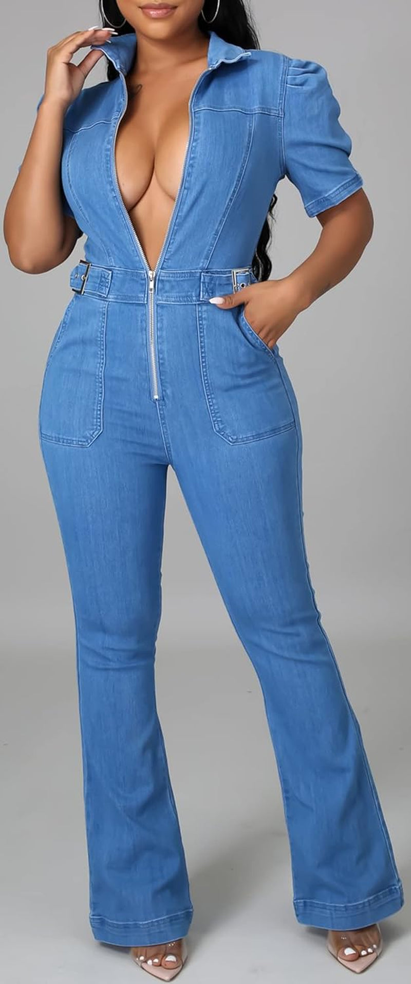 Sexy Jean Jumpsuit for Women Casual Short Sleeve Bell Bottom Denim Pants Jumpsuits with Zipper Pockets