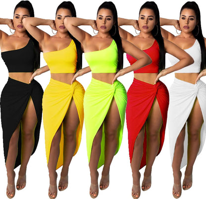 Bodycon Dress for Women Sexy One Shoulder Two Piece Outfits Slit Skirt