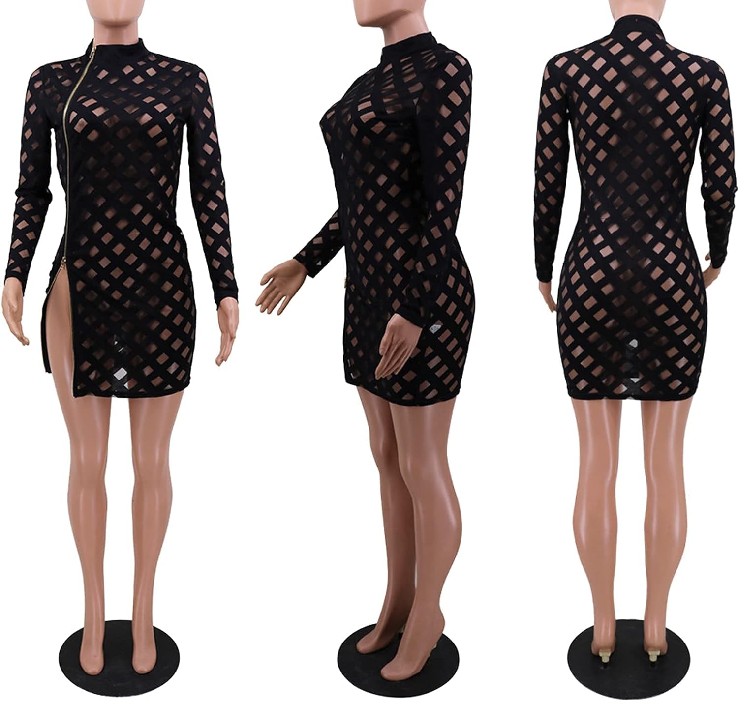 Women Sexy Sheer Mesh Boydcon Midi Dress See through Printed Long Sleeve Midi Skinny Clubwear Party Dress