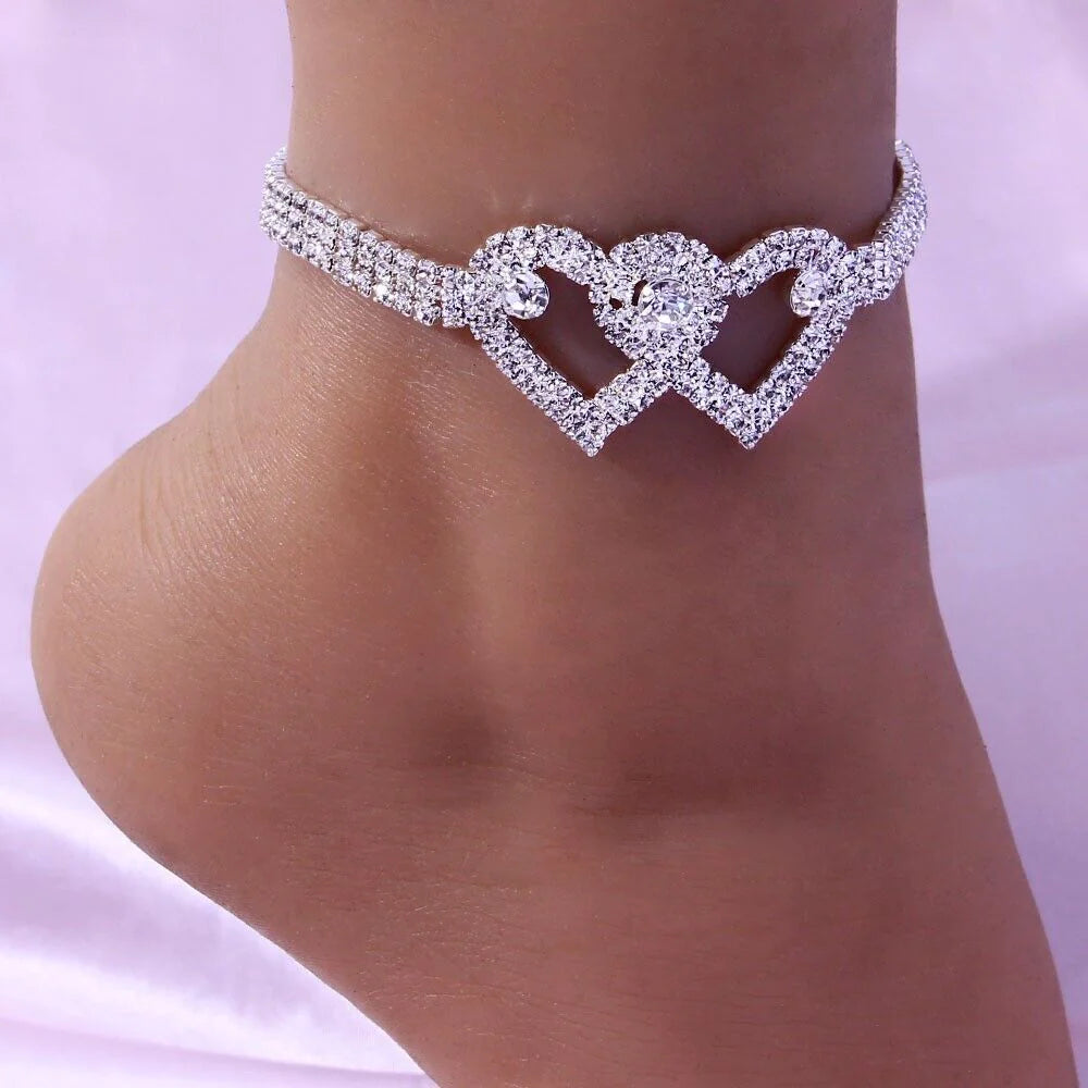 Double Heart Anklet Bracelet Love Barefoot Chain Bling Crystal Ankle Bracelet US