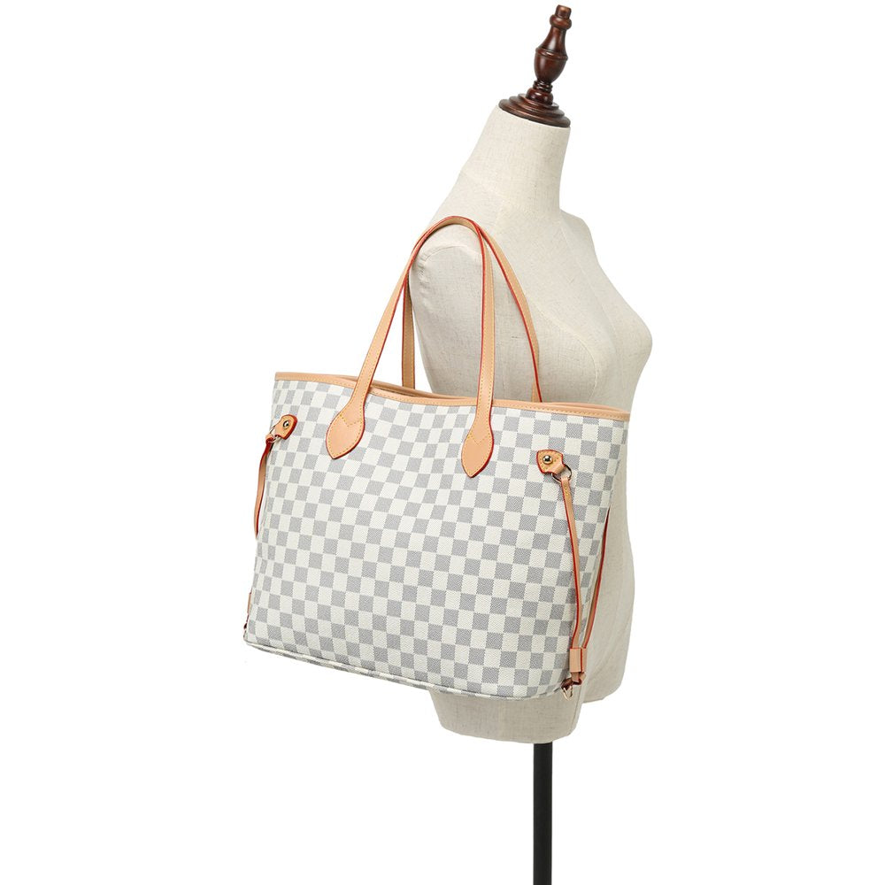 TWENTY FOUR Womens Checkered Tote Shoulder Bag with Inner Pouch - PU Vegan Leather Shoulder Satchel Fashion Bags -Cream Checkered