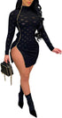 Women Sexy Sheer Mesh Boydcon Midi Dress See through Printed Long Sleeve Midi Skinny Clubwear Party Dress