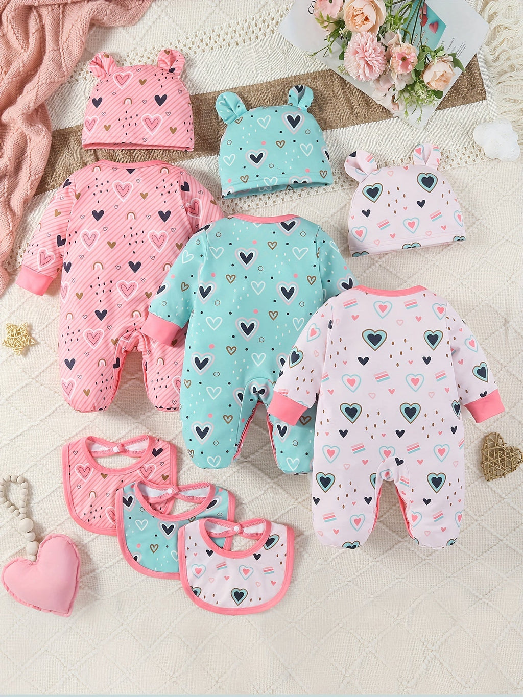 9-Pack Baby Girl Footed Jumpsuit Set – Long Sleeve Love Hearts Design with Bunny Hats & Bibs – Stylish & Comfy Outdoor Wear for Infants