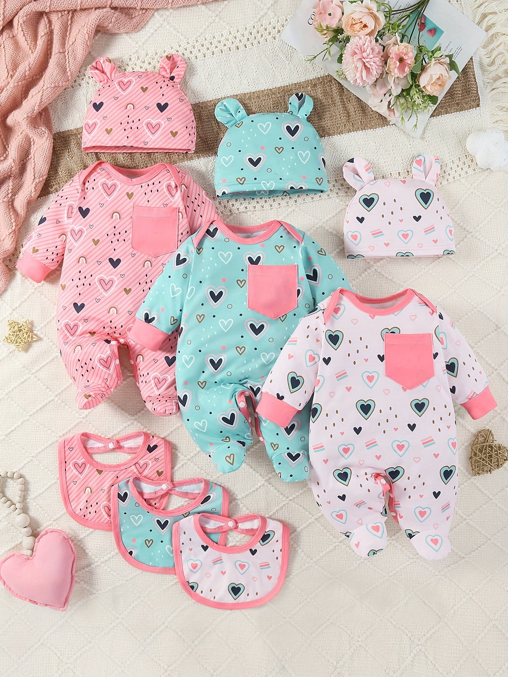 9-Pack Baby Girl Footed Jumpsuit Set – Long Sleeve Love Hearts Design with Bunny Hats & Bibs – Stylish & Comfy Outdoor Wear for Infants