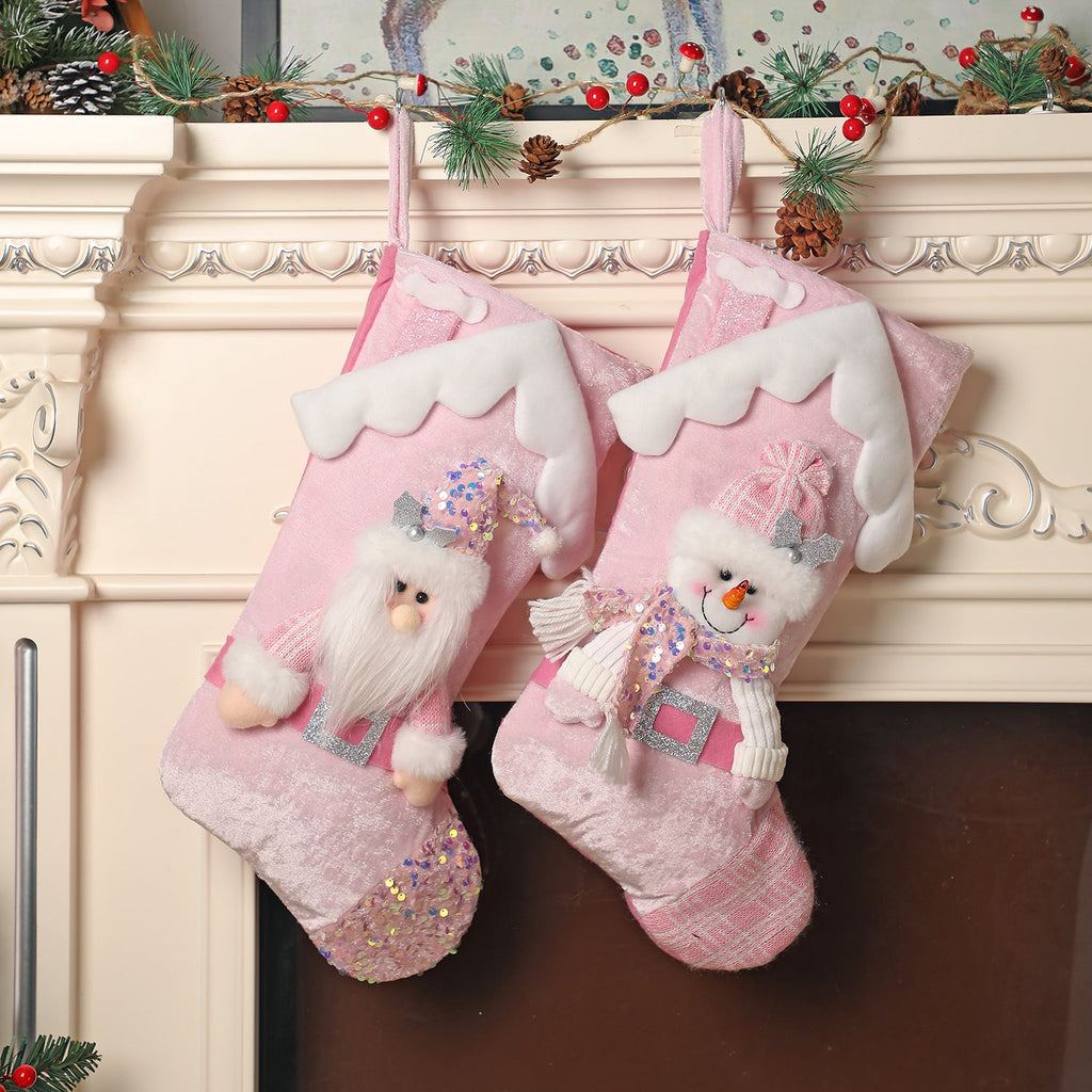 Christmas decoration, pink sequins, children's cartoon roof, Santa Claus, Christmas socks, gifts, decorative items
