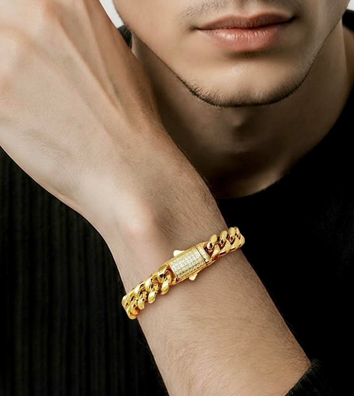 BG810G B.Tiff Gold Pavé Clasp Curb Link Chain Bracelet