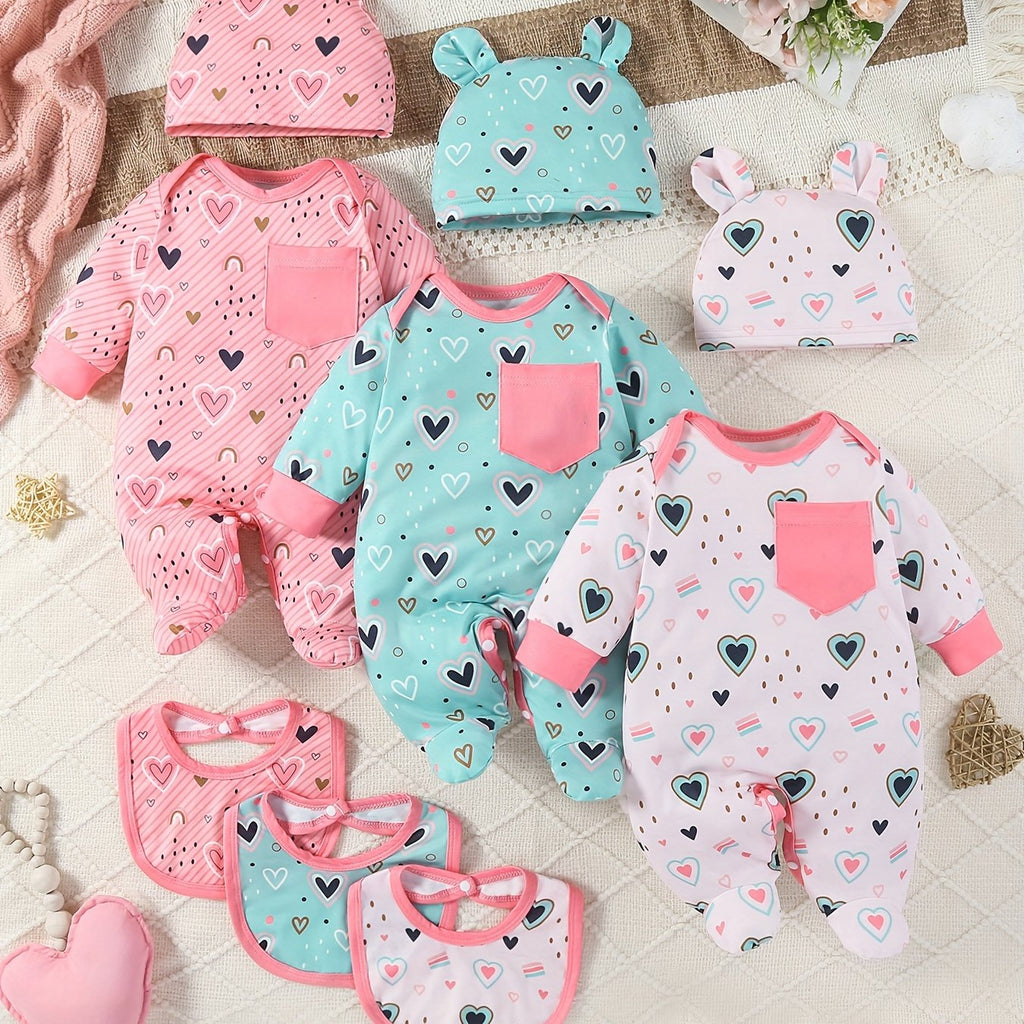 9-Pack Baby Girl Footed Jumpsuit Set – Long Sleeve Love Hearts Design with Bunny Hats & Bibs – Stylish & Comfy Outdoor Wear for Infants