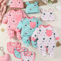 9-Pack Baby Girl Footed Jumpsuit Set – Long Sleeve Love Hearts Design with Bunny Hats & Bibs – Stylish & Comfy Outdoor Wear for Infants