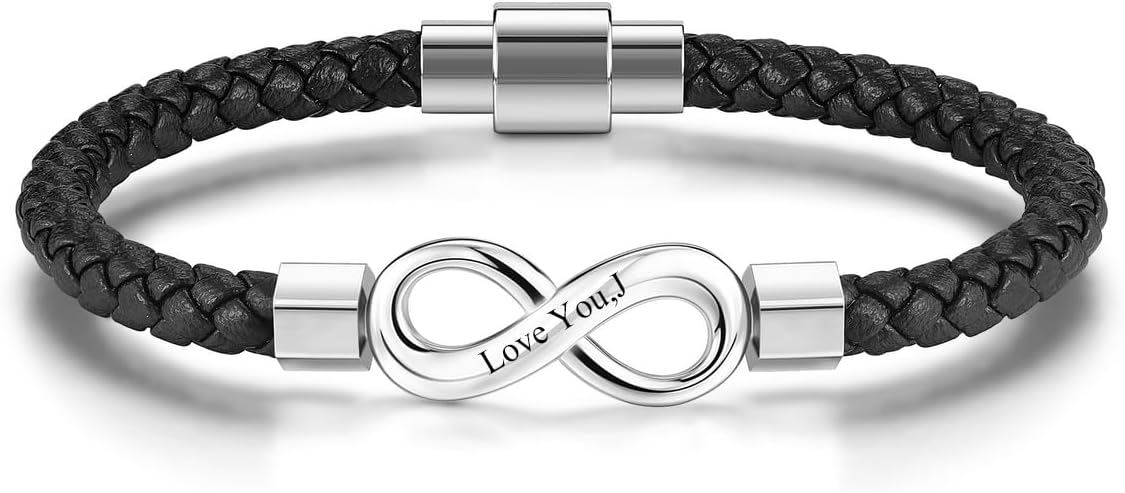 Personalized Leather Infinity Bracelet – Custom Engraved Braided Wristband Gift