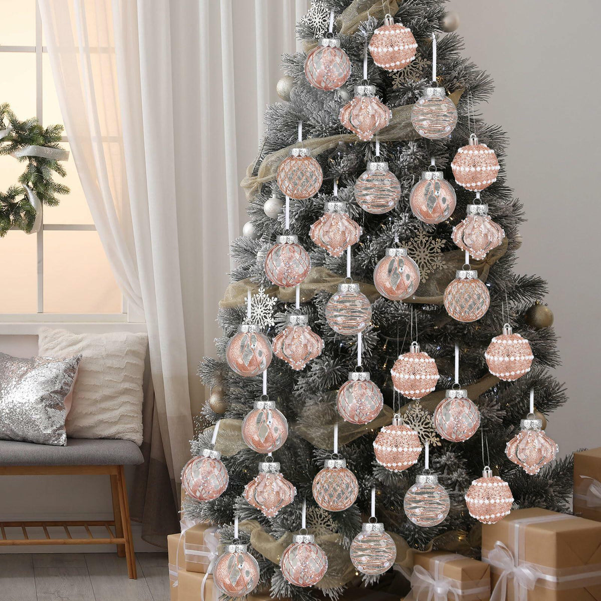 12 Pack White Glitter Christmas Ball Ornaments 2.36in Plastic Xmas Decor