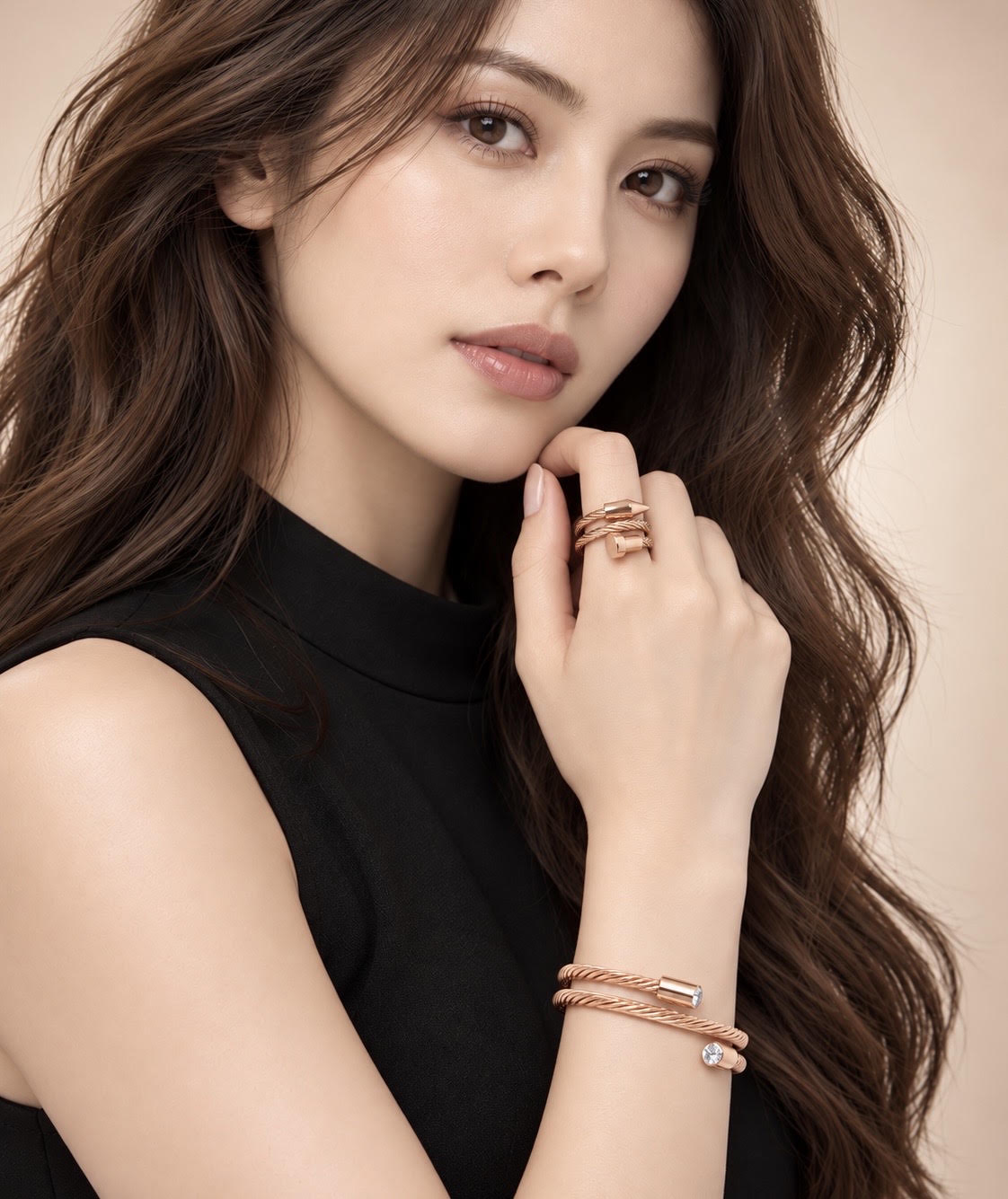 RG116RG B.Tiff Rose Gold Pointe Cable Adjustable Ring